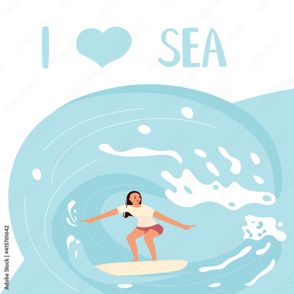 I love Sea square banner template People on summer vacation concept. A young woman Surfer rides the Wave. Flat Art Vector Illustration