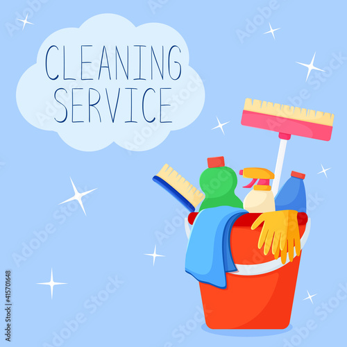 Vector set of detergents in a bucket. Cleaner on a blue background in flat style. Cleaning service lettering
