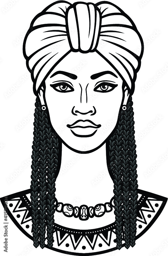African beauty: animation portrait of the  beautiful black woman in a turban and Afro hair. Monochrome drawing. Vector illustration isolated on a white background. Print, poster, t-shirt, card.