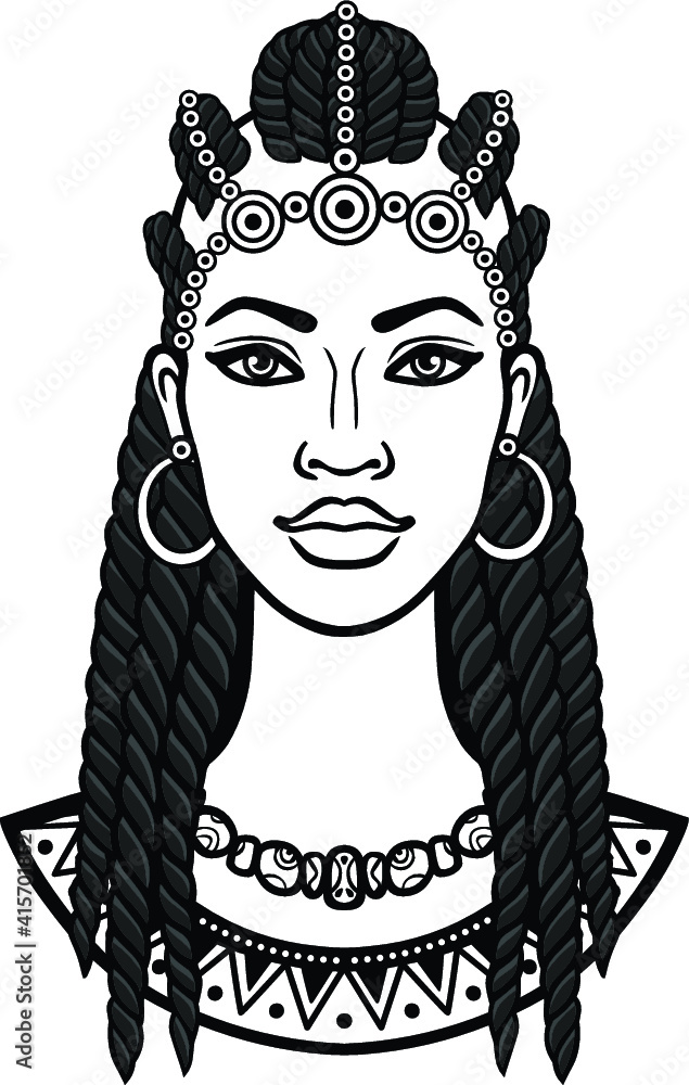 Obraz premium African beauty: animation portrait of the beautiful black woman in Afro hair. Monochrome drawing. Vector illustration isolated on a white background. Print, poster, t-shirt, card.
