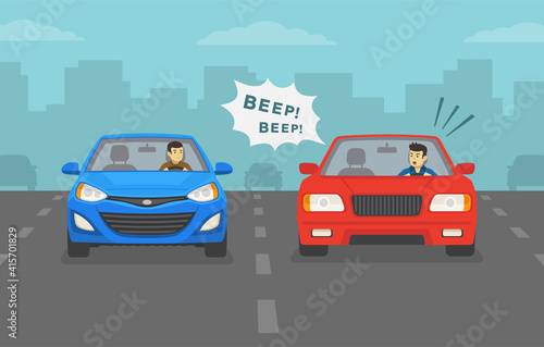 Aggressive and angry male car driver is honking horn for no reason. Front view of a city road or highway. Flat vector illustration template.