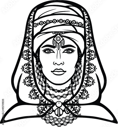 African beauty: animation portrait of the  beautiful  woman in a turban. Berber culture. Monochrome drawing. Vector illustration isolated on a white background. Print, poster, t-shirt, card.