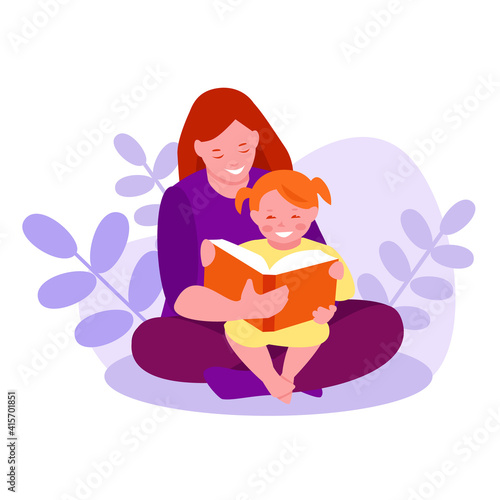 Mother reads a book to her daughter in nature. Plants, leaves. The concept of family, education, upbringing. Vector illustration in flat cartoon style. 