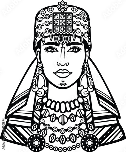 African beauty: animation portrait of the  beautiful  womanin a scarf. Berber culture. Monochrome drawing. Vector illustration isolated on a white background. Print, poster, t-shirt, card.