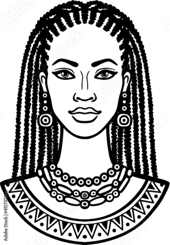 Animation portrait of the young African woman. Monochrome linear drawing. Vector illustration isolated on a white background. Print, poster, t-shirt, card. 