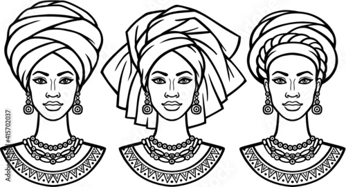 Set of portraits  the African women in various turbans. Monochrome linear drawing. Vector illustration isolated on a white background.