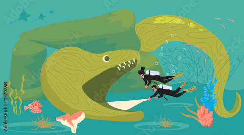 Scuba diving man and woman on the sea bottom in the mouth of a huge moray eel. Marine predators and underwater swimmers. Flat Art Vector illustration