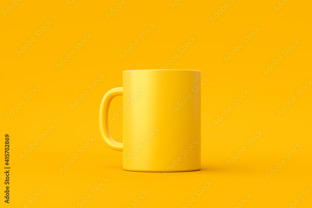 Yellow coffee cup or empty mug for drink on vivid color background with blank ceramic porcelain mockup template. 3D rendering. Yellow coffee cup or empty mug for drink on vivid color background with blank ceramic porcelain mockup template. 3D rendering.