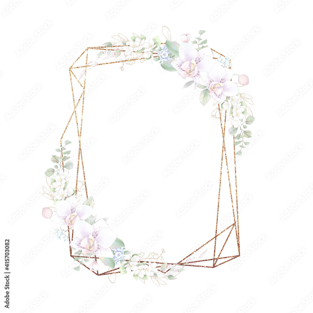 Gold geometric frame with orchids. Watercolor illustration