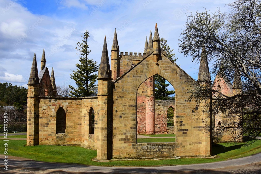 picturesque ruins in summer of the gothic-style convict church at the port arthur historic site, port arthur, tasmania, australia