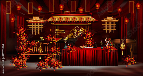Chinese style red wedding sign-in area design