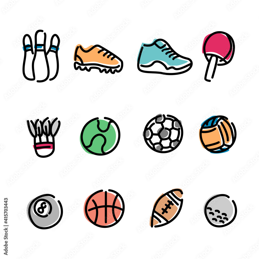 Icon set of sports. Football, basketball, golf, rugby, tennis, badminton, volleyball, bowling and shoes, shuttlecock. Vector icon color