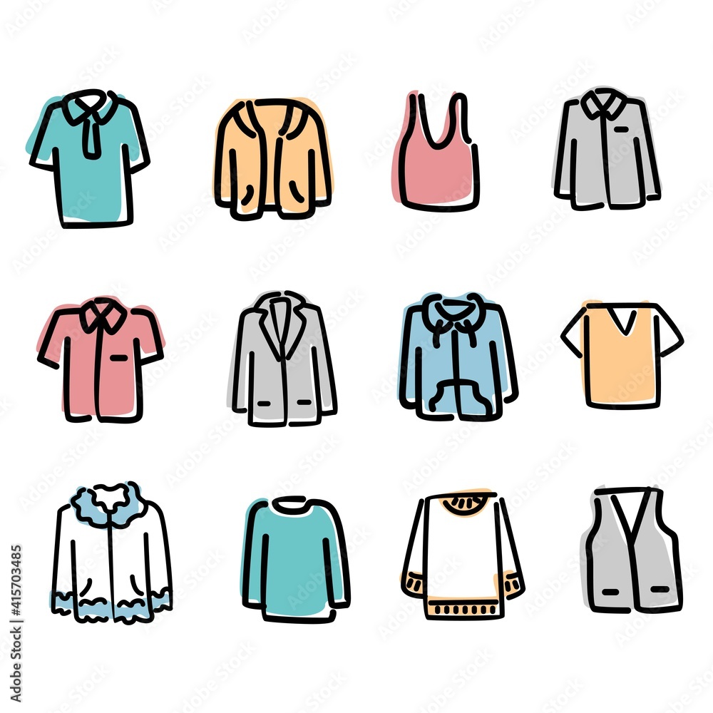 Icon set of shirts. Shirt, long sleeve, jacket, hoodie, t-shirt, vest and tank top. Vector icon color Icon set of shirts. Shirt, long sleeve, jacket, hoodie, t-shirt, vest and tank top. Vector icon color
