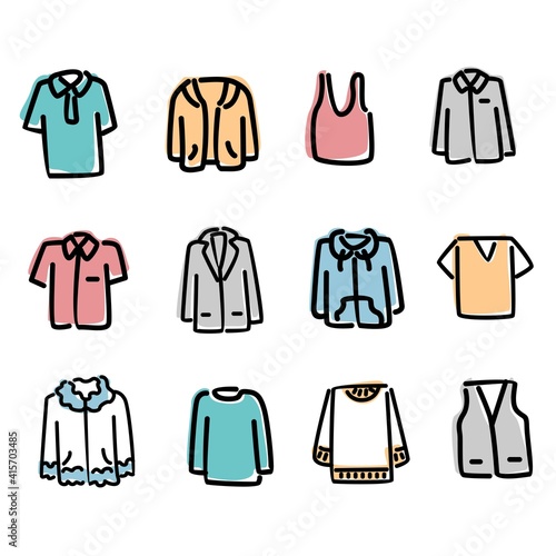 Icon set of shirts. Shirt  long sleeve  jacket  hoodie  t-shirt  vest and tank top. Vector icon color