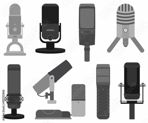 Podcast mircophone icon set. Music studio podcast speaker vector badges collection. Different models such as Rode NT-USB, Blue Yeti mic, Rode Procaster mic etc. Recording studio symbol photo