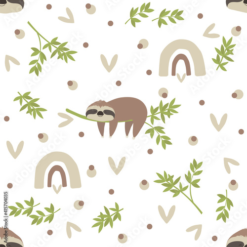 Seamless pattern of jungle animals, sloth sleeping on a branch