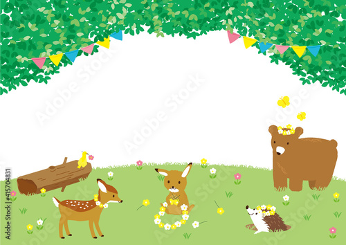 森の動物たちに花冠を作ってあげるうさぎ　