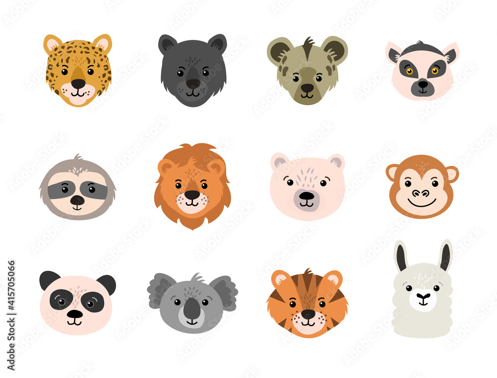 Set of cute vector animal head - exotic animals collection Set of cute vector animal head - exotic animals collection