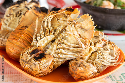 Grilled Flathead lobster on dish, Thai seafood
