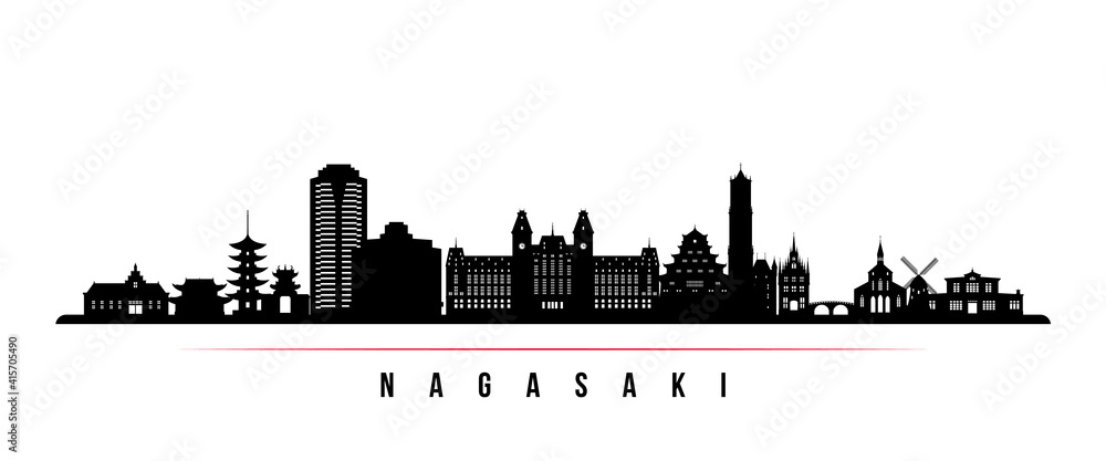 Nagasaki skyline horizontal banner. Black and white silhouette of Nagasaki, Japan. Vector template for your design.