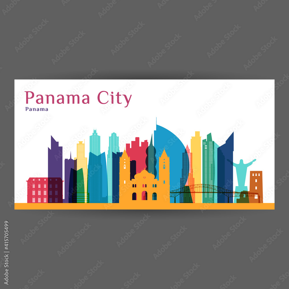 Panama City architecture silhouette. Colorful skyline. City flat design. Vector business card.