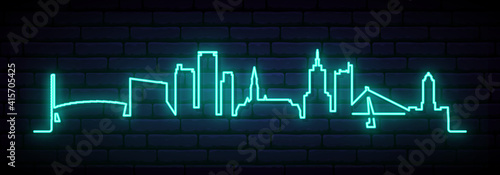 Blue neon skyline of Helsinki. Bright Helsinki City long banner. Vector illustration.