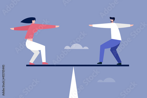 Conceptual illustration of a man and woman balancing on a wooden plank