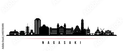 Nagasaki skyline horizontal banner. Black and white silhouette of Nagasaki  Japan. Vector template for your design.
