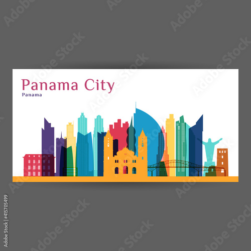 Panama City architecture silhouette. Colorful skyline. City flat design. Vector business card.