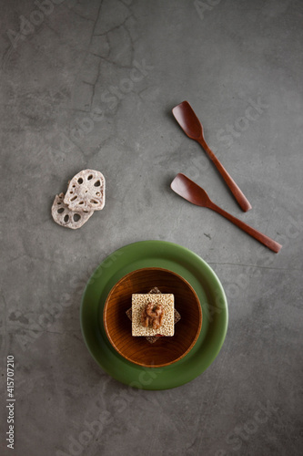 Korean traditional sweets, Rice cracker (Gangjeong) and candied lotus root (Jeonggwa) photo