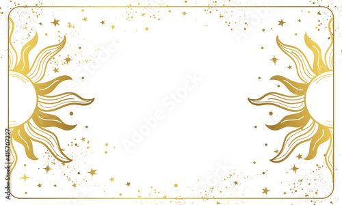 White magic background with golden sun, cosmic boho poster with copy space and stars. Layout for astrology, tarot, banner for the witch. Hand drawn vector illustration, vintage design.