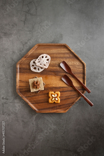 Korean traditional sweets, Rice cracker (Gangjeong) and Hangwa (Yakgwa, Jeonggwa) photo