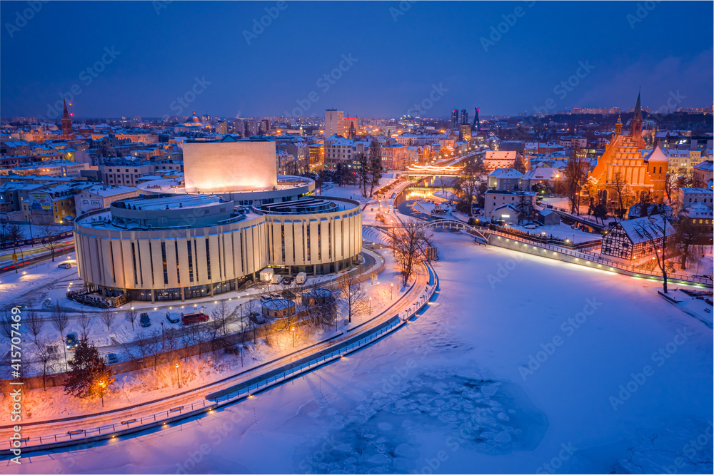 Aerial view of Opera in Bydgoszcz after sunset in winter
