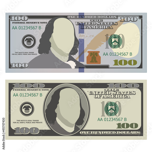 Hundred dollar bills in new and old design from the front side. 100 US dollars banknotes. Vector illustration of USD isolated on a white background