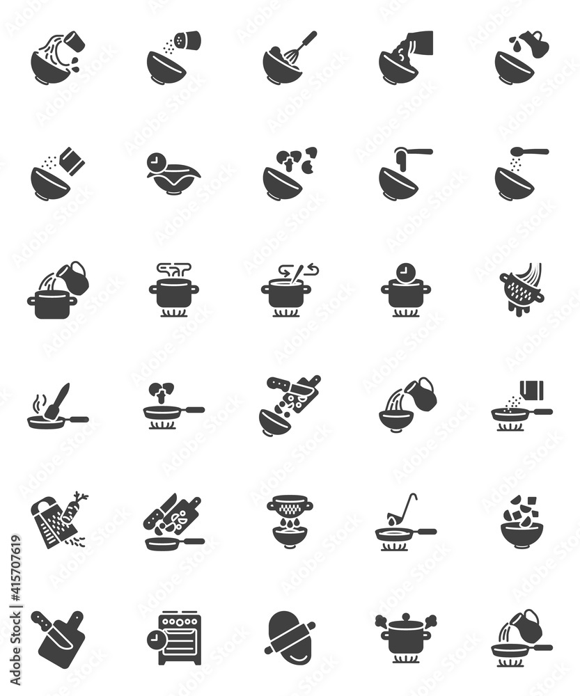 Cooking instructions vector icons set, modern solid symbol collection, filled style pictogram pack. Signs, logo illustration. Set includes icons as frying pan, saucepan on gas stove, dough rolling pin Cooking instructions vector icons set, modern solid symbol collection, filled style pictogram pack. Signs, logo illustration. Set includes icons as frying pan, saucepan on gas stove, dough rolling pin