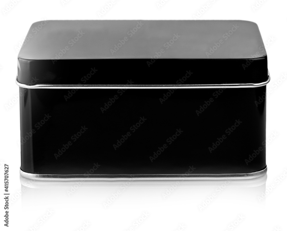 Closed black metal box close-up isolated on white background Closed black metal box close-up isolated on white background