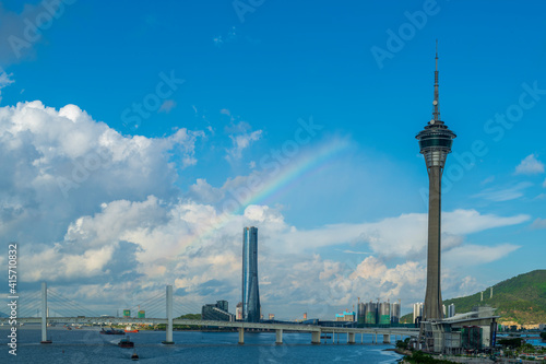 Rainbow over Sai Van bridge and Macau Tower at day, Macau