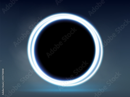 Neon round blue glowing frame on a dark background.