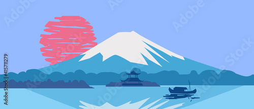 Fuji Mountain sunrise landscape Japan panorama. Lake sun boat Asian temple
