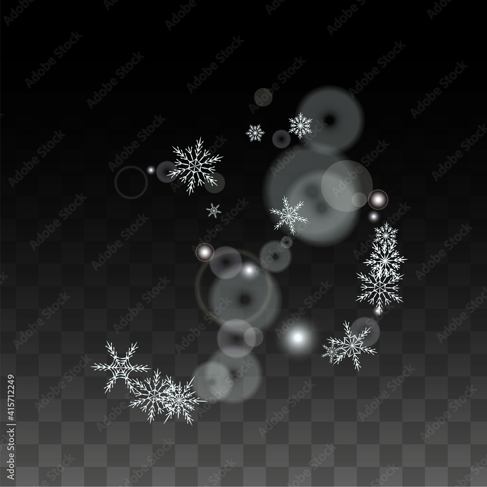 Fototapeta premium Christmas Vector Background with White Falling Snowflakes Isolated on Transparent Background. Realistic Snow Sparkle Pattern. Snowfall Overlay Print. Winter Sky. Design for Party Invitation.