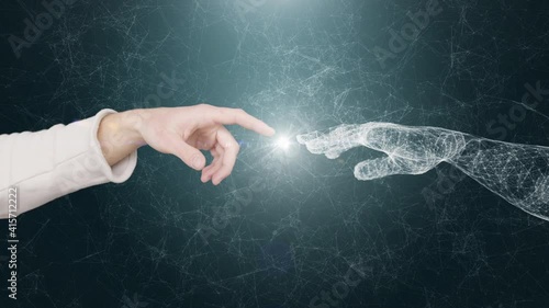 Human hand reaches virtual AI hand. Connection of humanity and AI, partnership of human and computer concept photo