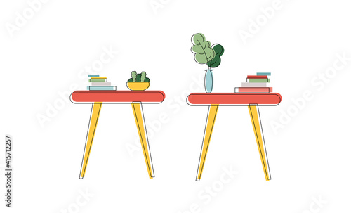 Table with books and a houseplant. Line art. Vector illustration.