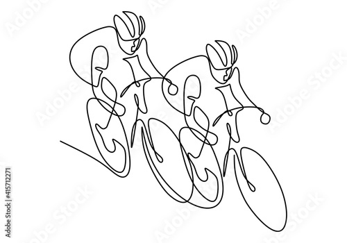 One continuous line drawing of young energetic man bicycle racer race at cycling track. Racing cyclist concept. Hand draw design for cycling tournament banner minimalist style. Vector illustration
