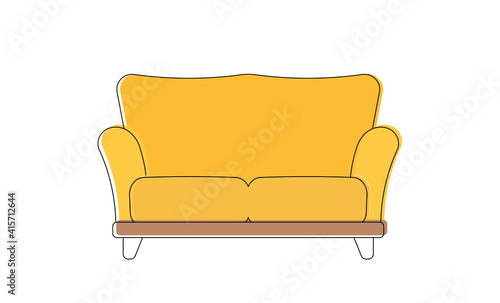 Yellow sofa in line art style. Icon isolated on white background. Vector.