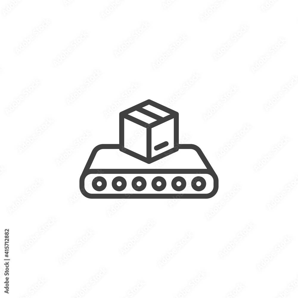 Conveyor belt with box line icon. linear style sign for mobile concept and web design. Cargo logistics conveyor outline vector icon. Symbol, logo illustration. Vector graphics