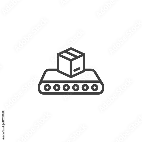 Conveyor belt with box line icon. linear style sign for mobile concept and web design. Cargo logistics conveyor outline vector icon. Symbol, logo illustration. Vector graphics