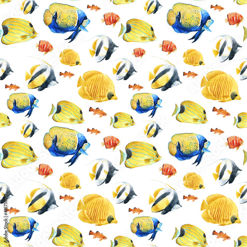 Beautiful seamless underwater pattern with cute watercolor colorful fish. Stock illustration.