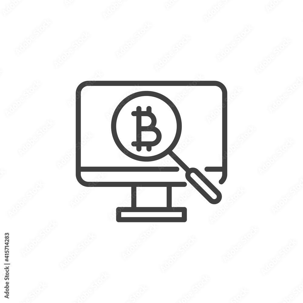 Bitcoin search line icon. Cryptocurrency mining linear style sign for mobile concept and web design. Computer display with bitcoin and magnifier outline vector icon. Symbol, logo illustration Bitcoin search line icon. Cryptocurrency mining linear style sign for mobile concept and web design. Computer display with bitcoin and magnifier outline vector icon. Symbol, logo illustration