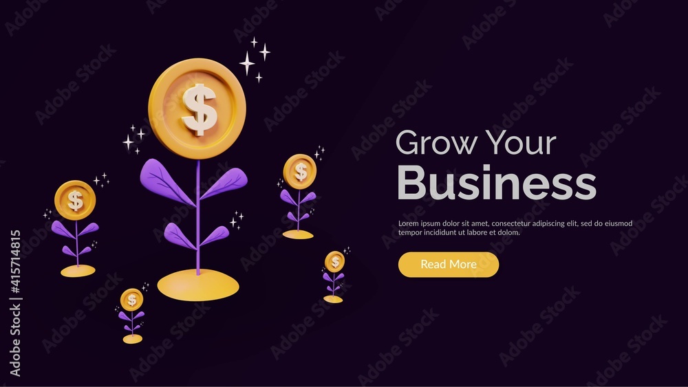 Plant money coin tree growth illustration for Investment Concept. income salary rate increase with dollar symbol. Business profit performance of return on investment ROI. 3d render illustration