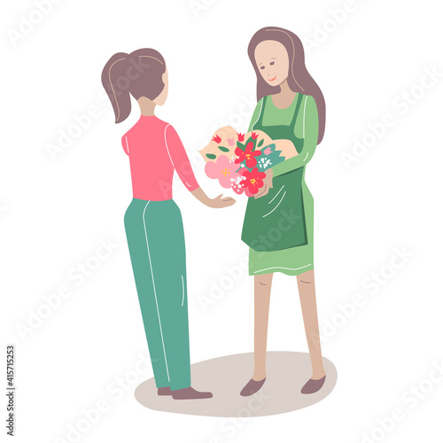 Woman holding floral present - a big bunch of flowers. Illustration can be used for delivery shopping in flower shops.